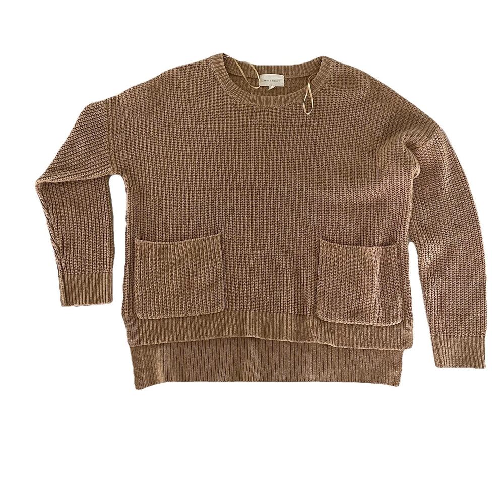 Melloday Sweater Womens Small Brown Ribbed Knitted Patch Pocket‎ Long Sleeve